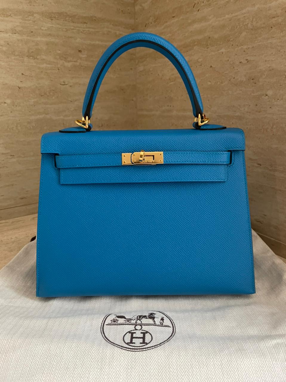 Hermes Kelly 25 Blue Zanzibar GHW Stamp A