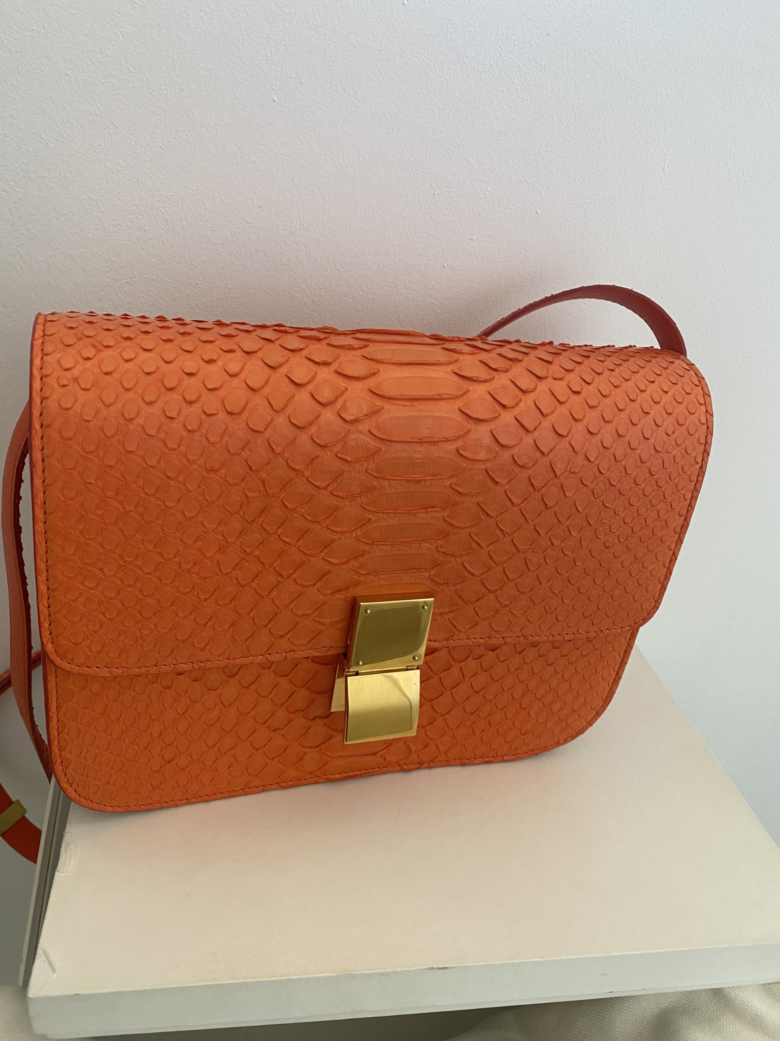 Pre Loved Céline Bright Orange Python Box Bag Medium