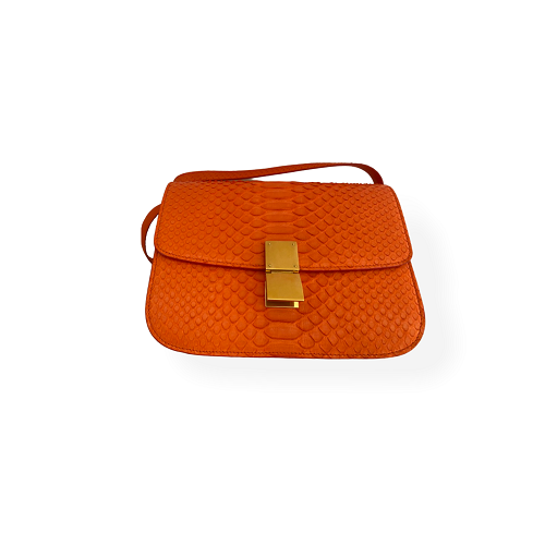 Pre Loved Céline Bright Orange Python Box Bag Medium
