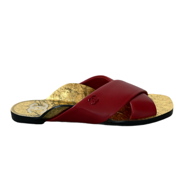 Chanel Red/Gold Crisscross Flat Slides
