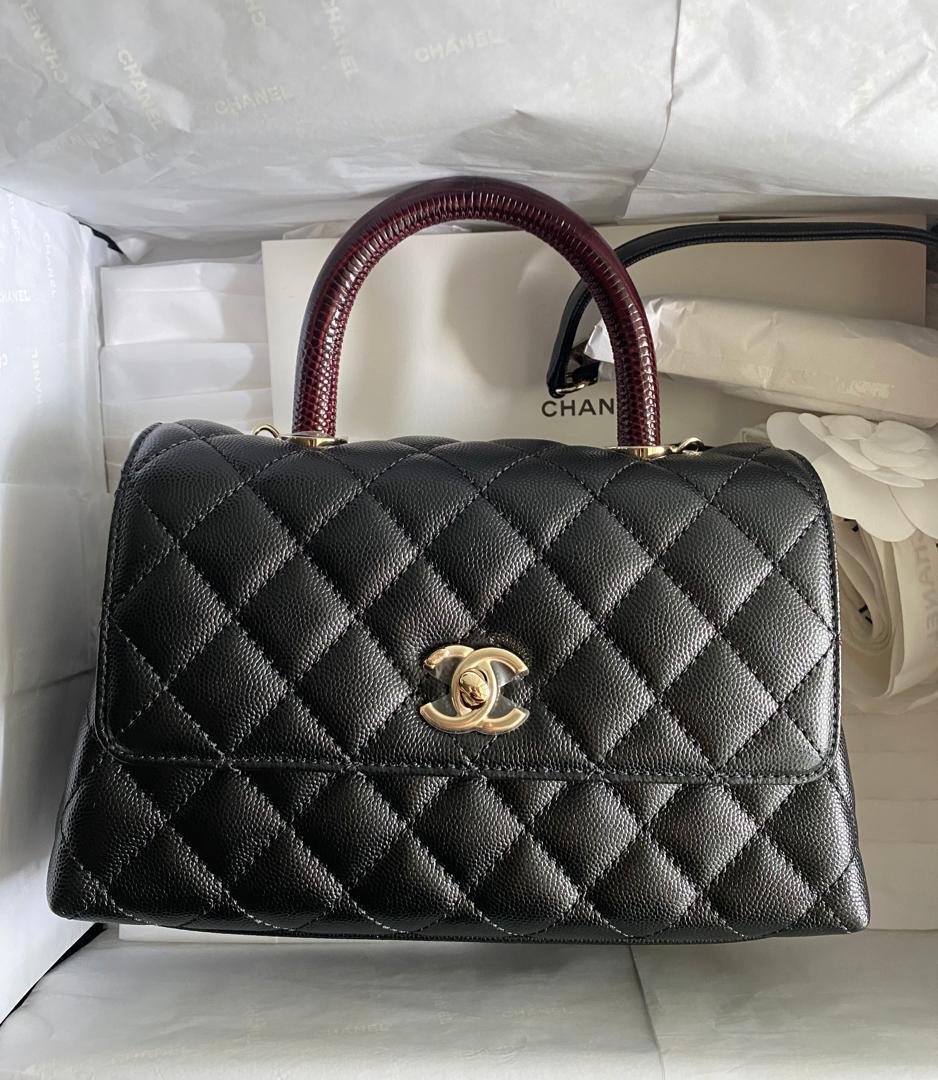 Chanel Mini Coco Handle 17B Black Quilted Caviar with Real Burgundy Lizard  Handle with brushed gold hardware