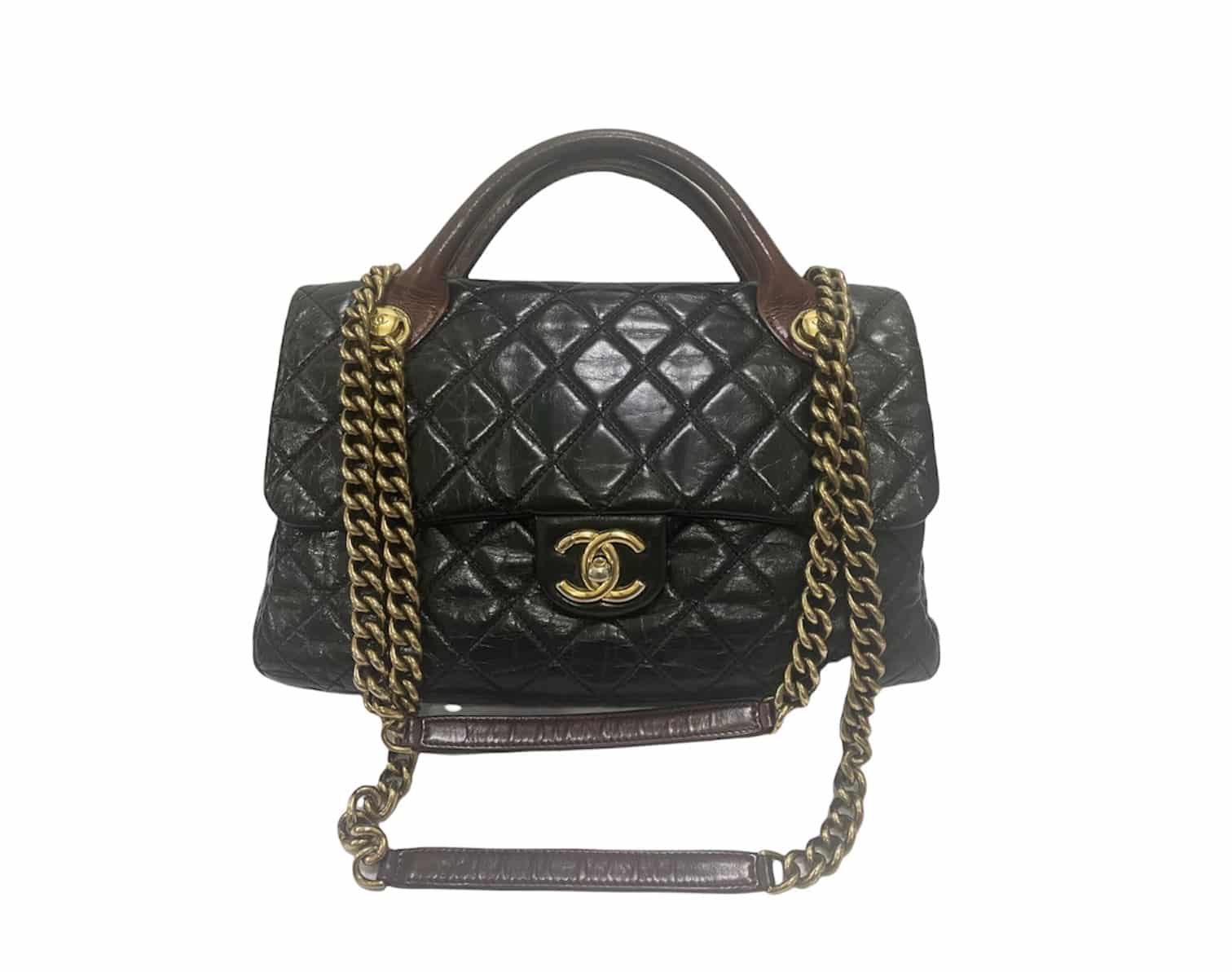 CHANEL Glazed Calfskin Castle Rock Large Flap Black Burgundy 78380