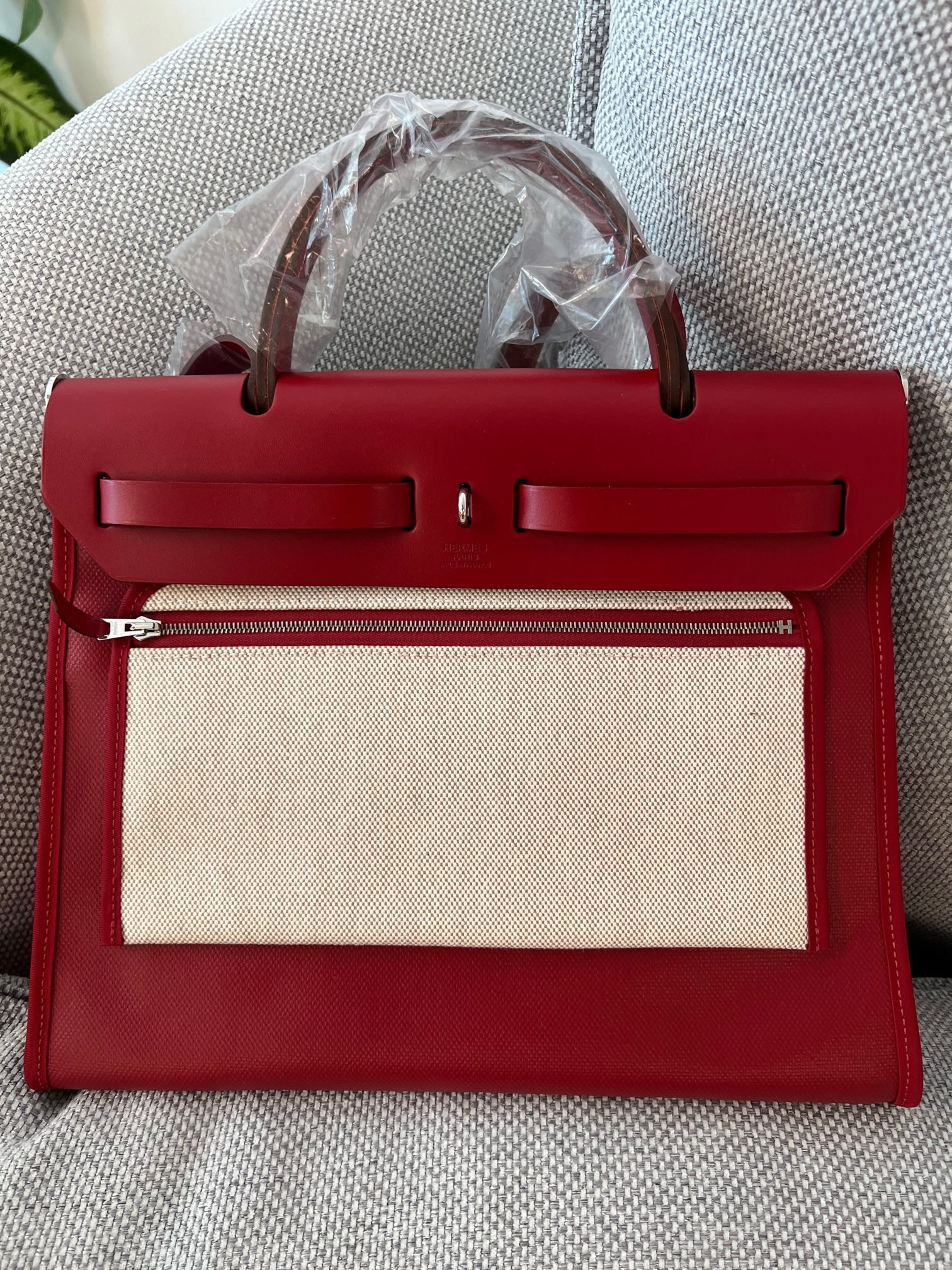 Herbag Zip Retourne 31 in Rose Shocking Toile Berline and Rouge Sellier Vache Hunter with Palladium Hardware