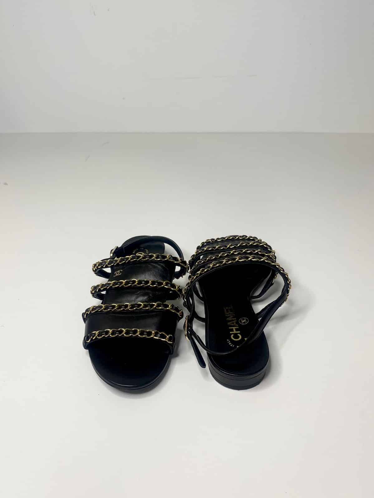 Chanel Black Leather Chain Slingback Sandals Size 37EU - The