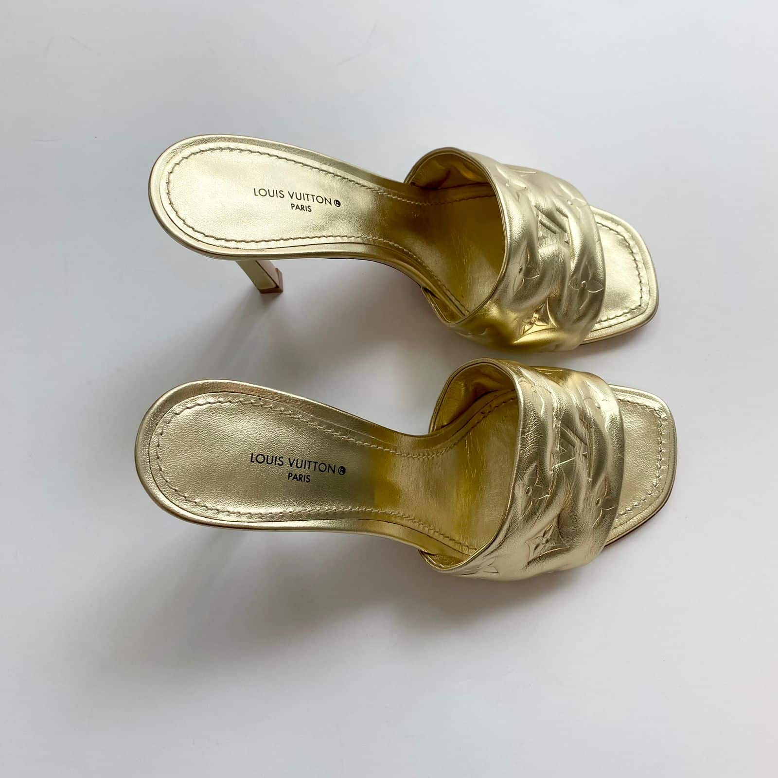 Louis Vuitton, Shoes, Louis Vuitton Revival Gold Mule Heels 385