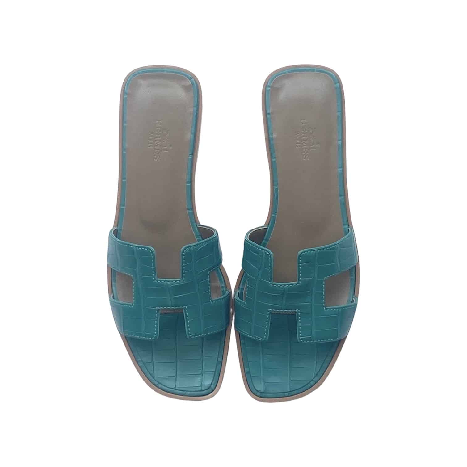 Hermes Oran Crocodile Sandals Teal Green Size 39,5 EU | The Luxury Flavor