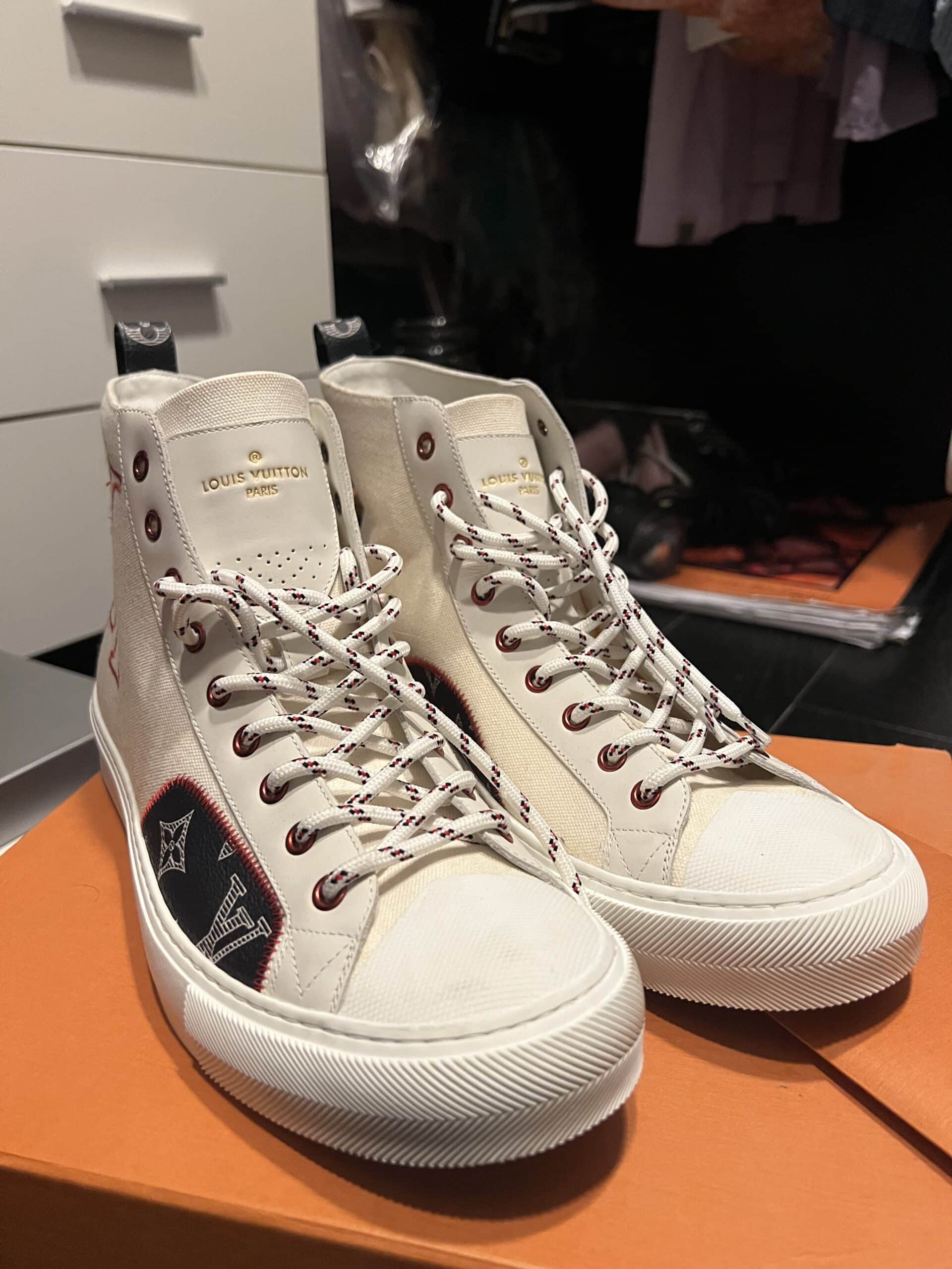 Louis Vuitton White & Red Gradient Tattoo High Top Sneakers